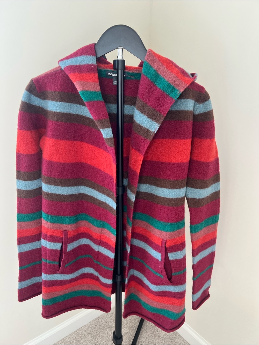 Toad&Co Striped Hooded Cardigan in Red, Teal, Burgundy & Brown women’s S